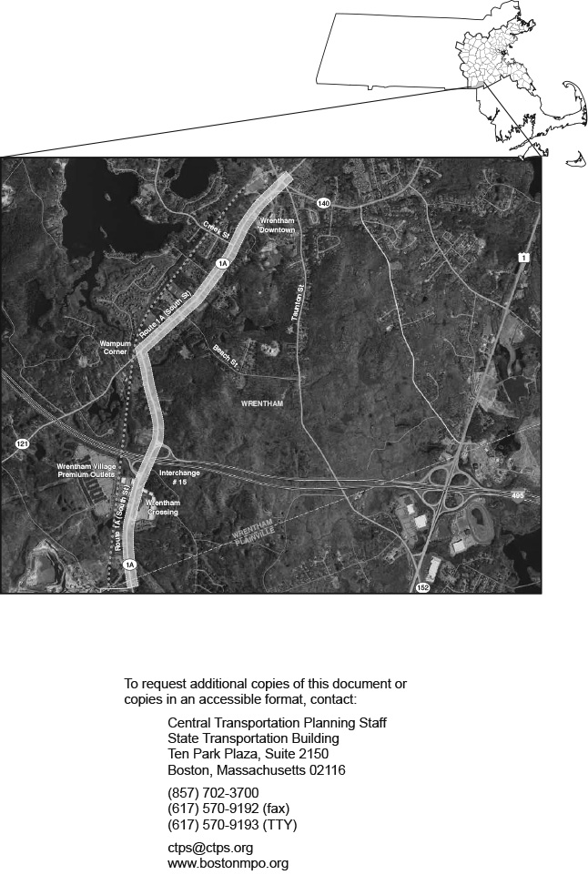 map of the study area for the project - section of Route 1A in Wrentham